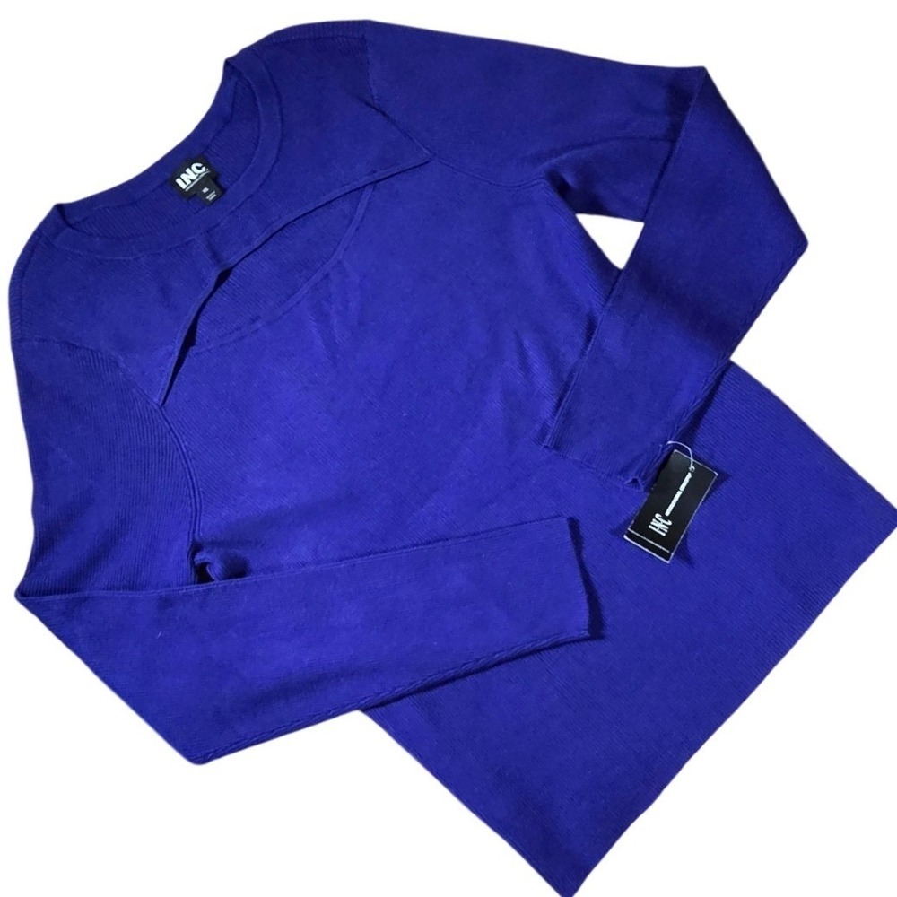 NEW INC INTERNATIONAL CONCEPTS Women's Crew Neck Cutout Rib Knit Sweater XL Blue